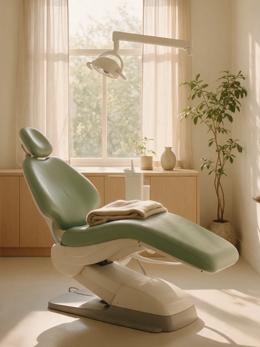 A calm, sunlit treatment room: a jade dental chair with a folded blanket, linen curtains, a window onto trees and a leafy plant