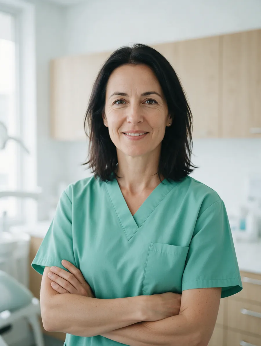 Dr. Maren Holt, a dentist in jade scrubs, in a bright clinic